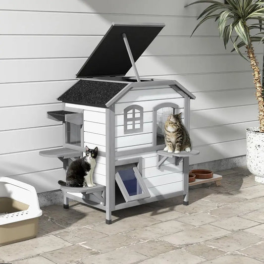 Outdoor Wooden Cat Enclosure for Multiple Cats with Easy Door, Openable Roof, Jumping Platforms, White