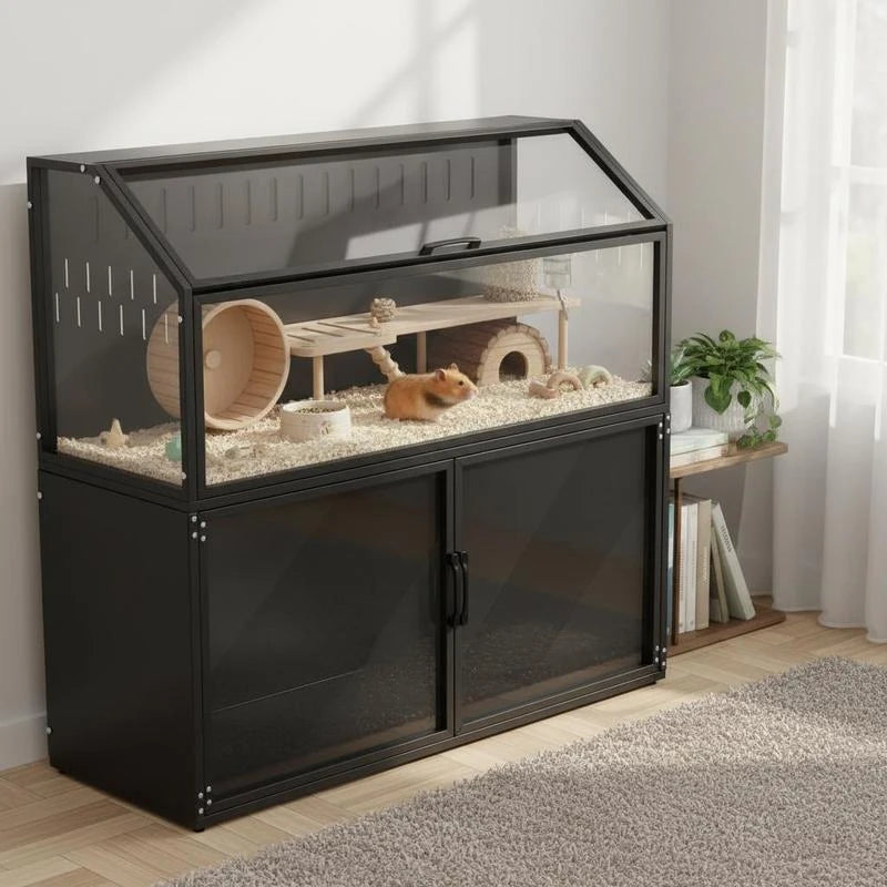 Hamster Cage with Storage Cabinet, Small Animal Cage with Easy View Acrylic Panels and Openable Top, Guinea Pig Habitat