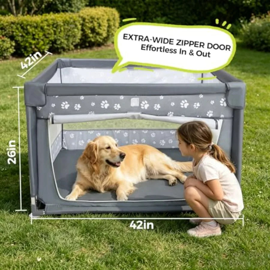 Dog Playpen Oxford Fabric Dog Fence, 42x42x26 Inches, Steel Pipe, Breathable Mesh, Zipper Gate, Portable Indoor Outdoor Pet Fen