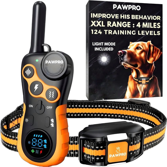 PAWPRO Dog Training Collar with Remote, XXL 4-Mile Unmatched Range for Maximum Control, Night-Light Mode for Safety & Visibility, 124 Adjustable Levels & 4 Safe Training Modes (Beep, Vibration, Shock, Night-Light), Free Exper