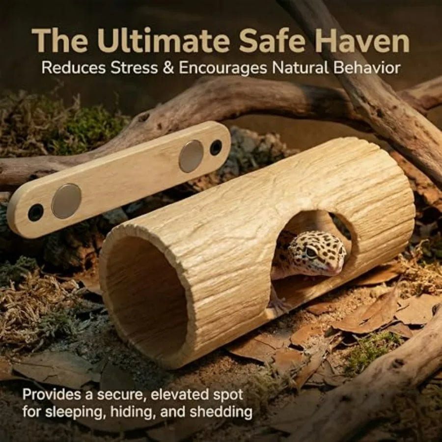 Magnetic Reptile Hide Cave, Plastic Tree Trunk Gecko Hide with Strong Magnetic Mount, Reptile Hide for Crested Gecko Tank Acces