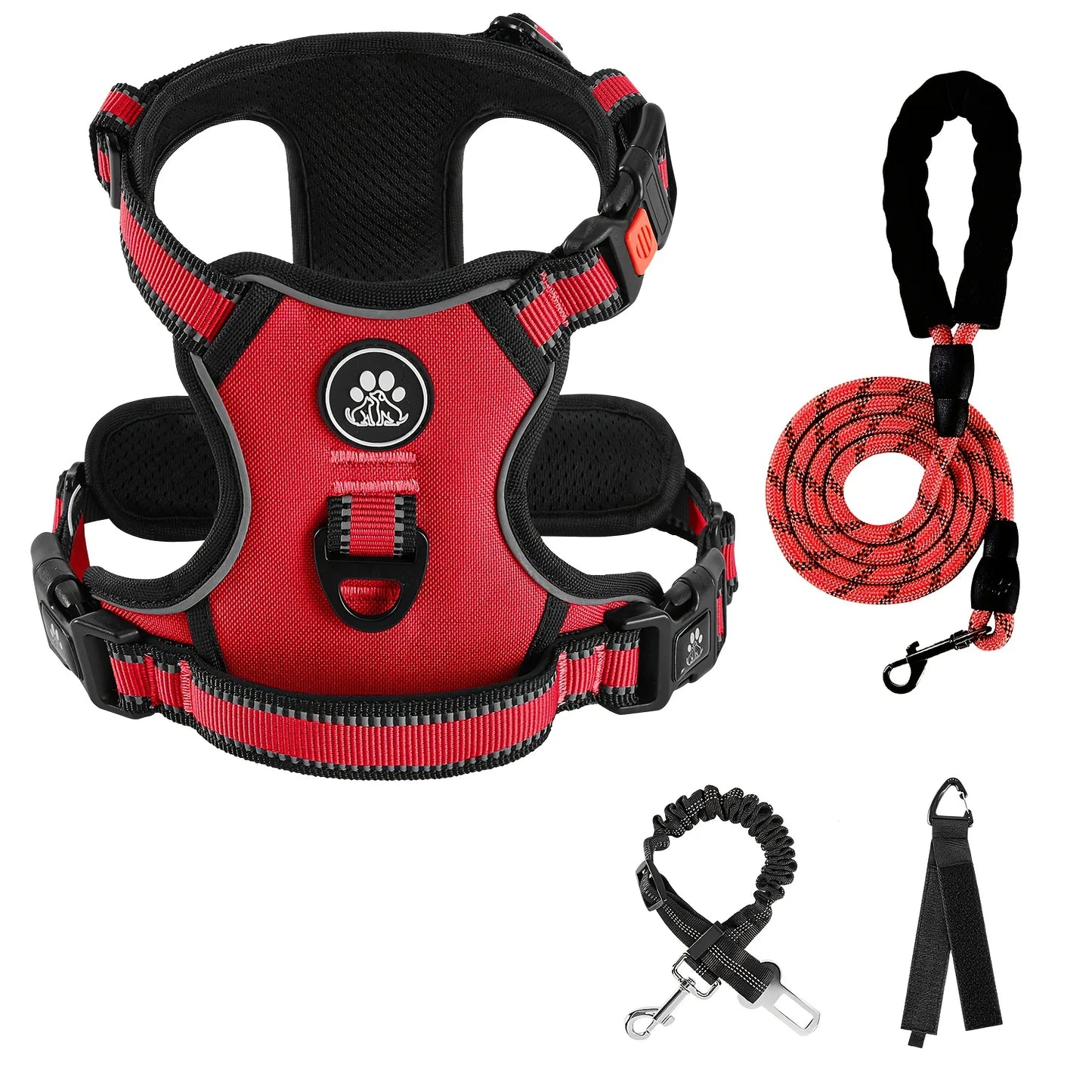 No Pull Dog Harness, Dog Collar, 1 Professional Dog Leash & 1 Retractable Seatbelt & 1 Storage Strap Fully Reflective Adjustable Breathable Dog Harness with Handle, Collar De Perro, No Choke Pet Vest Harness for Small And Lar