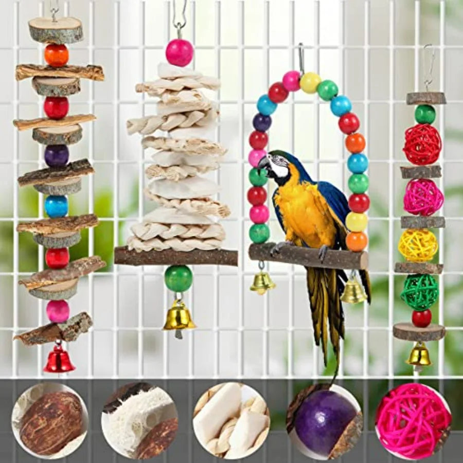 Bird Perch Bird Toys Parakeet Toys, Bird Cage Accessories Wooden Chew Toys Perch Stand for Parrot Conure Cockatiel Lovebird Par