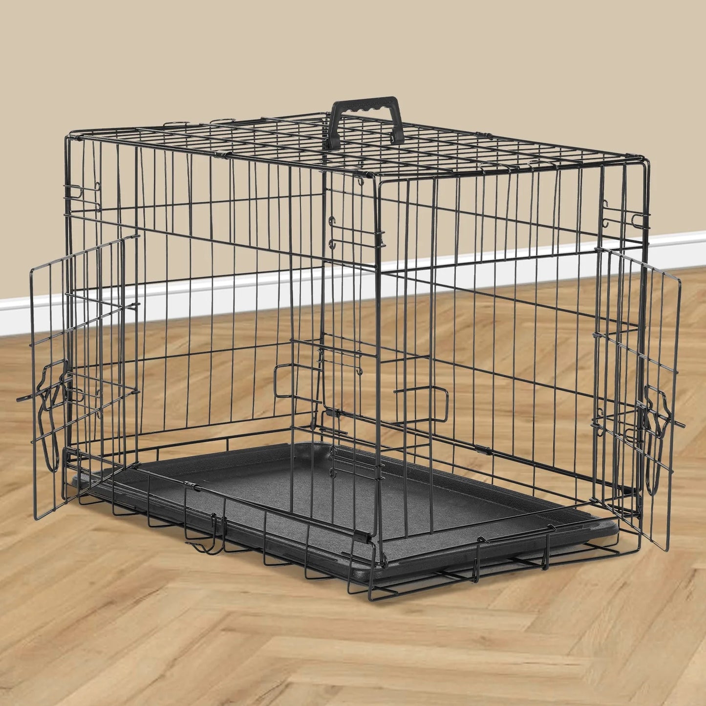 MCQ Dog Crate with Divider, Single/Double Door Folding Wire Dog Crate with Plastic Leak Tray, Indoor, Outdoor, Travel Kennel, 5 Sizes for Large/Medium/Small Dogs