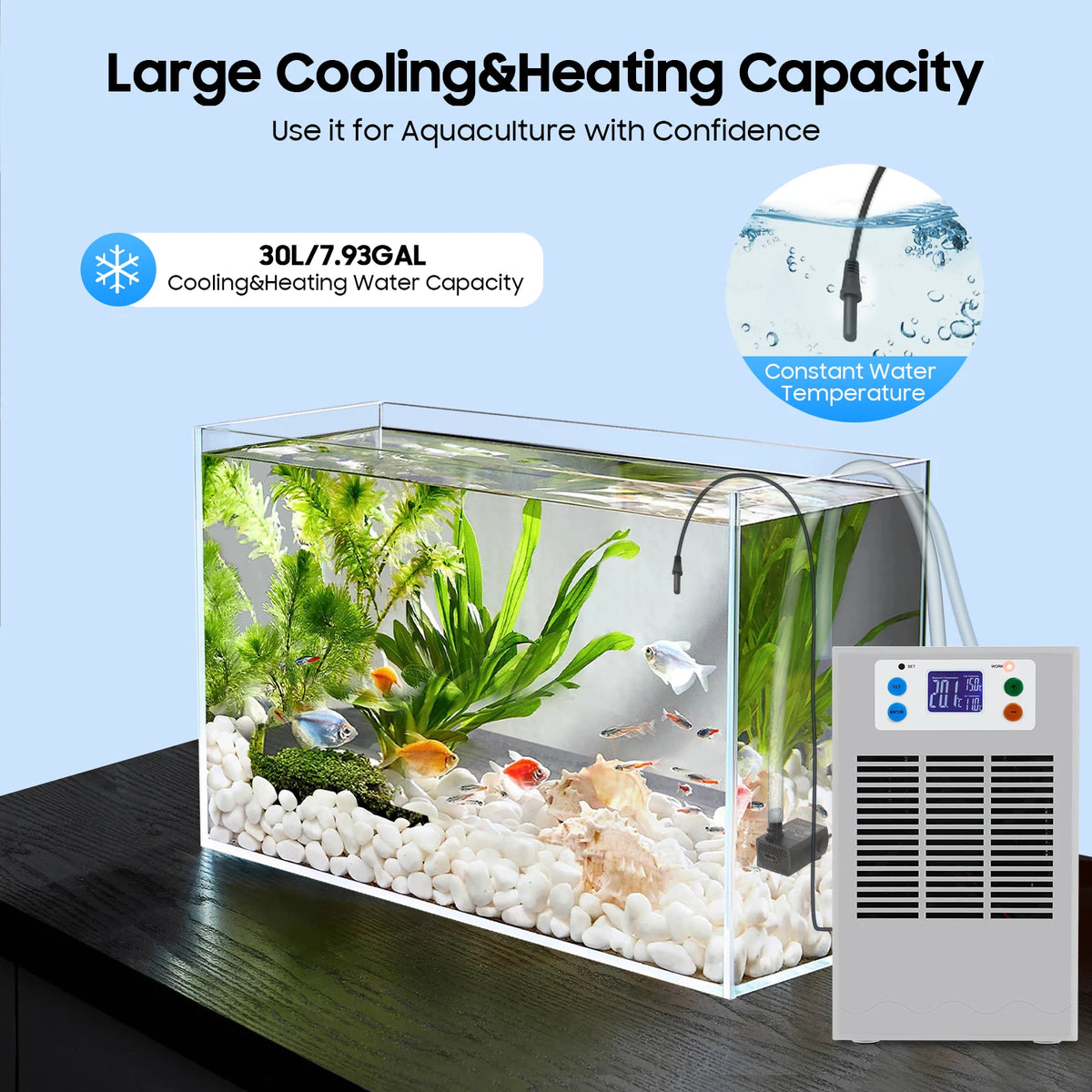 100W Fish Tank Cooling Heating Machine, Aquarium 30L Fish Tank Water Heater Air Conditioner LED Screen 10-40°C Control