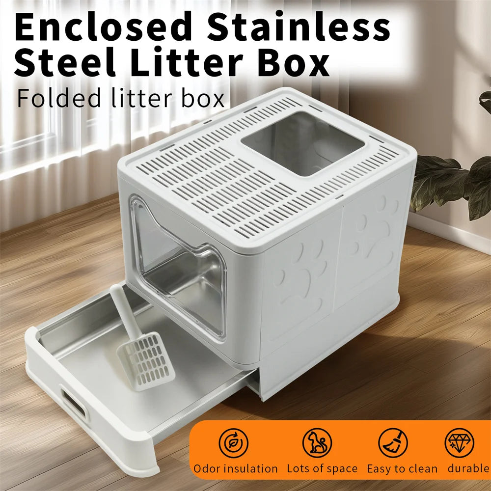 Stainless Steel Enclosed Cat Litter Box With Lid Top Entry