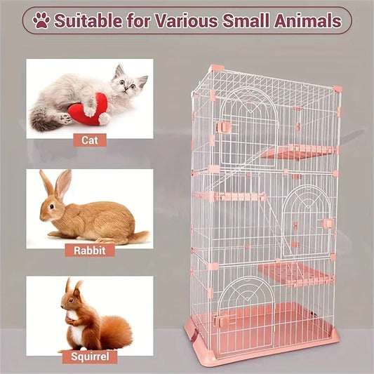 64-Inch 4-Tier Wire Cat Playpen, Spacious Catios for 1-3 Cats, Pink Cat Crate Featuring 3 Platforms, 3 Front Doors, And 2 Ramp Ladders