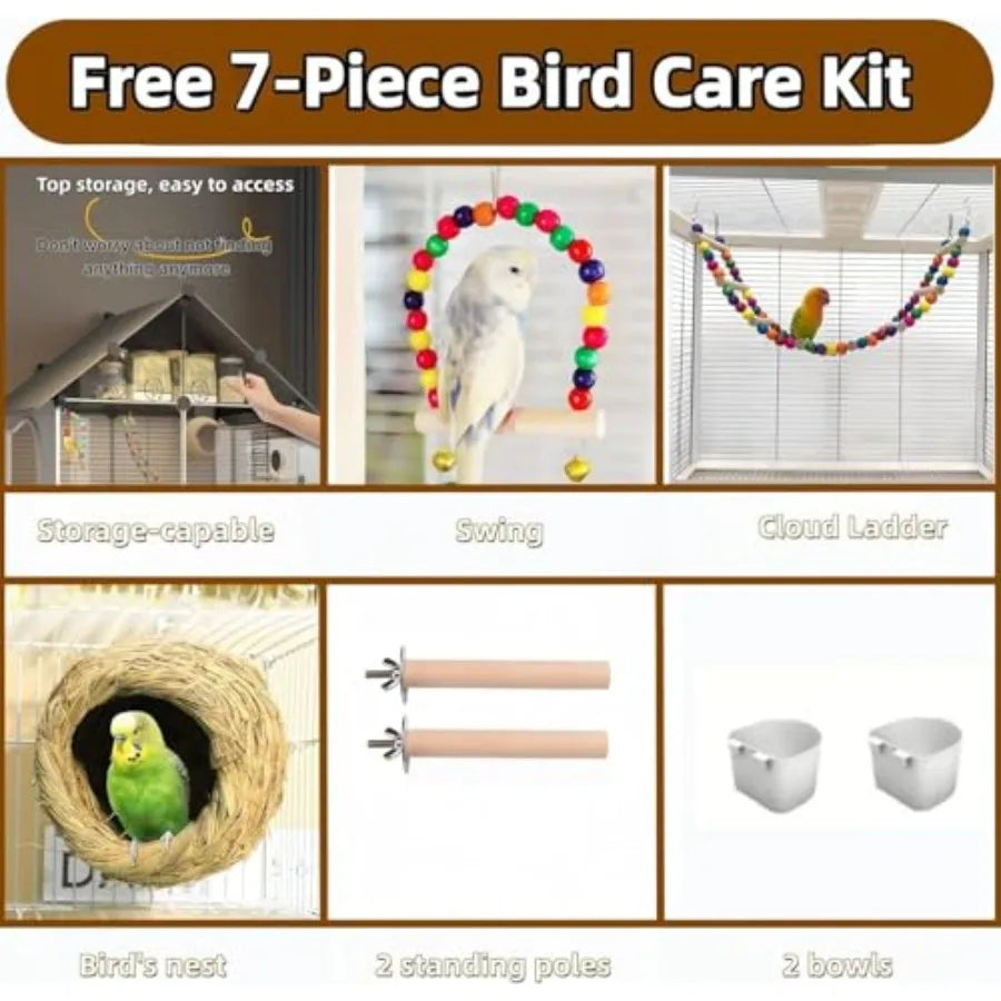 Wooden Flight Bird Cage With Nest Ladder Swing And Wheels