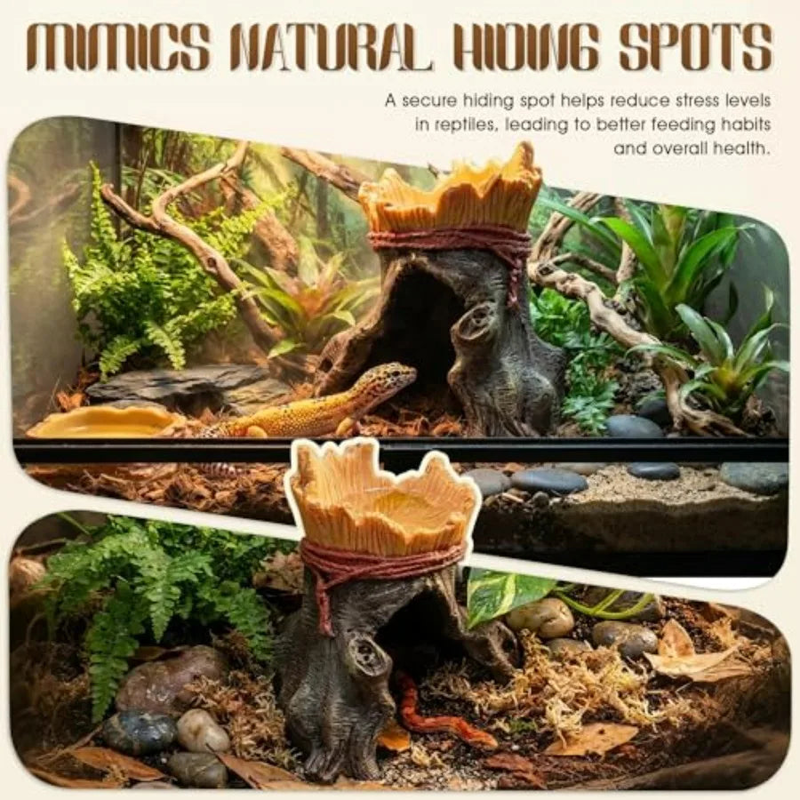 Resin Reptile Hide with Integrated Basin Decorative Cave and Bowl for Terrarium Setup, Suitable for Bearded Dragon, Gecko, Turt