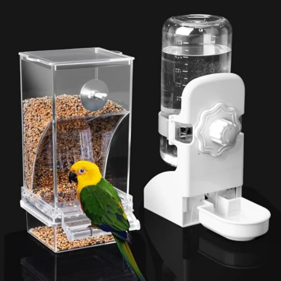 No Mess Bird Feeder Water Dispenser Set, Parakeet Cage Accessories, Bird Feeder and Waterers in Cage for Cockatiels, Finches, L