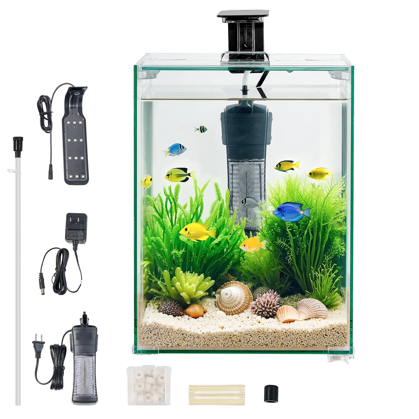 SucceBuy Fish Tank Aquarium 5Gal Square Ultra-Clear Glass Starter Tank Adjustable 3 Color Lighting Self Cleaning System for Home