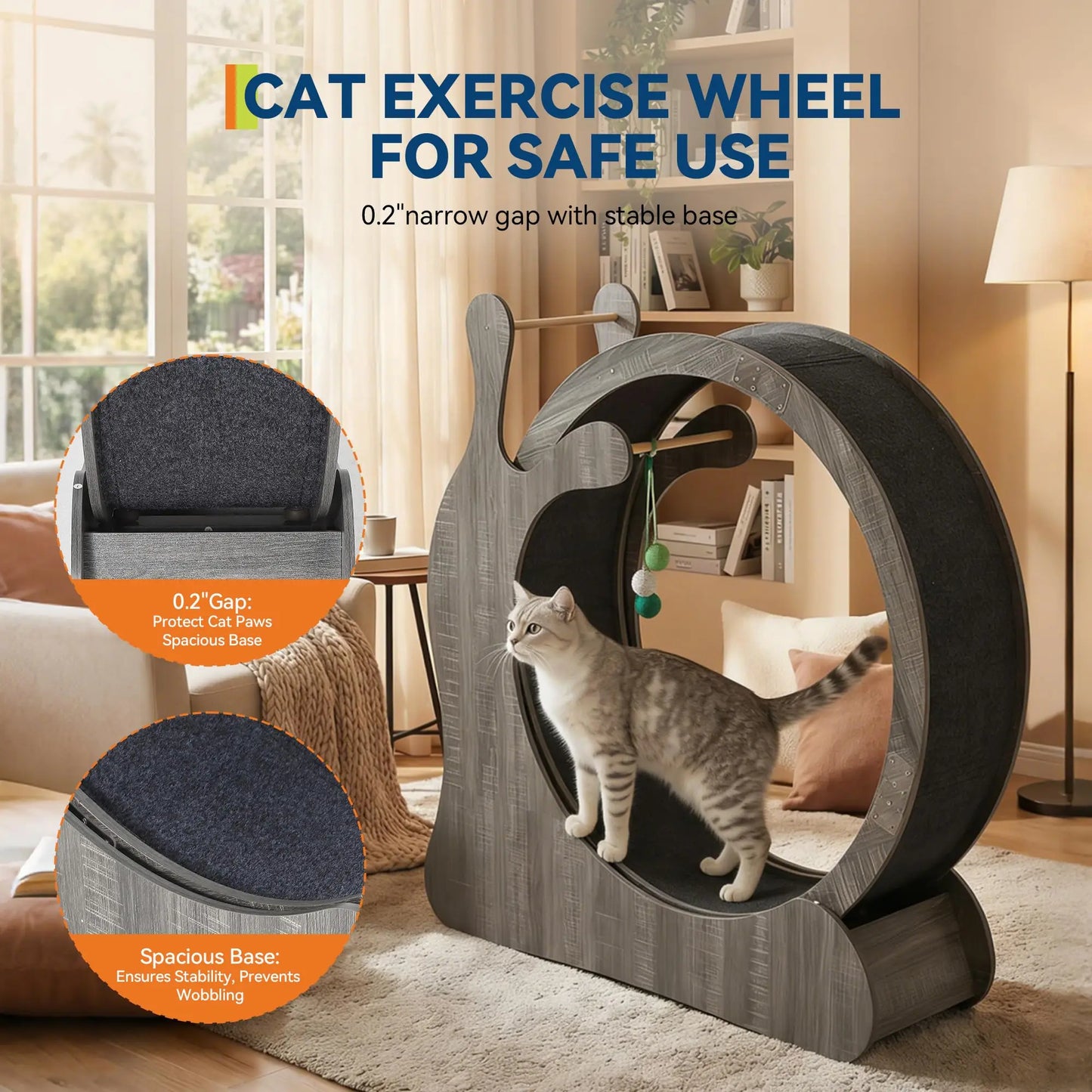 Large Wooden Cat Exercise Wheel, Silent TPE Treadmill for Indoor Cats with Sisal Scratching Pad, Interactive Hanging Balls, Anti