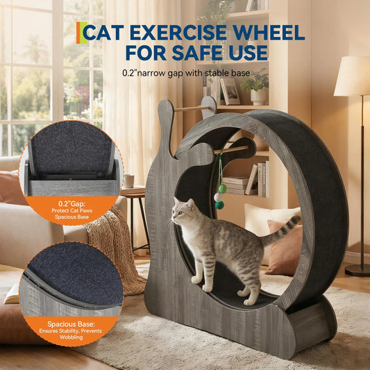 Large Wooden Cat Exercise Wheel, Silent TPE Treadmill for Indoor Cats with Sisal Scratching Pad, Interactive Hanging Balls, Anti