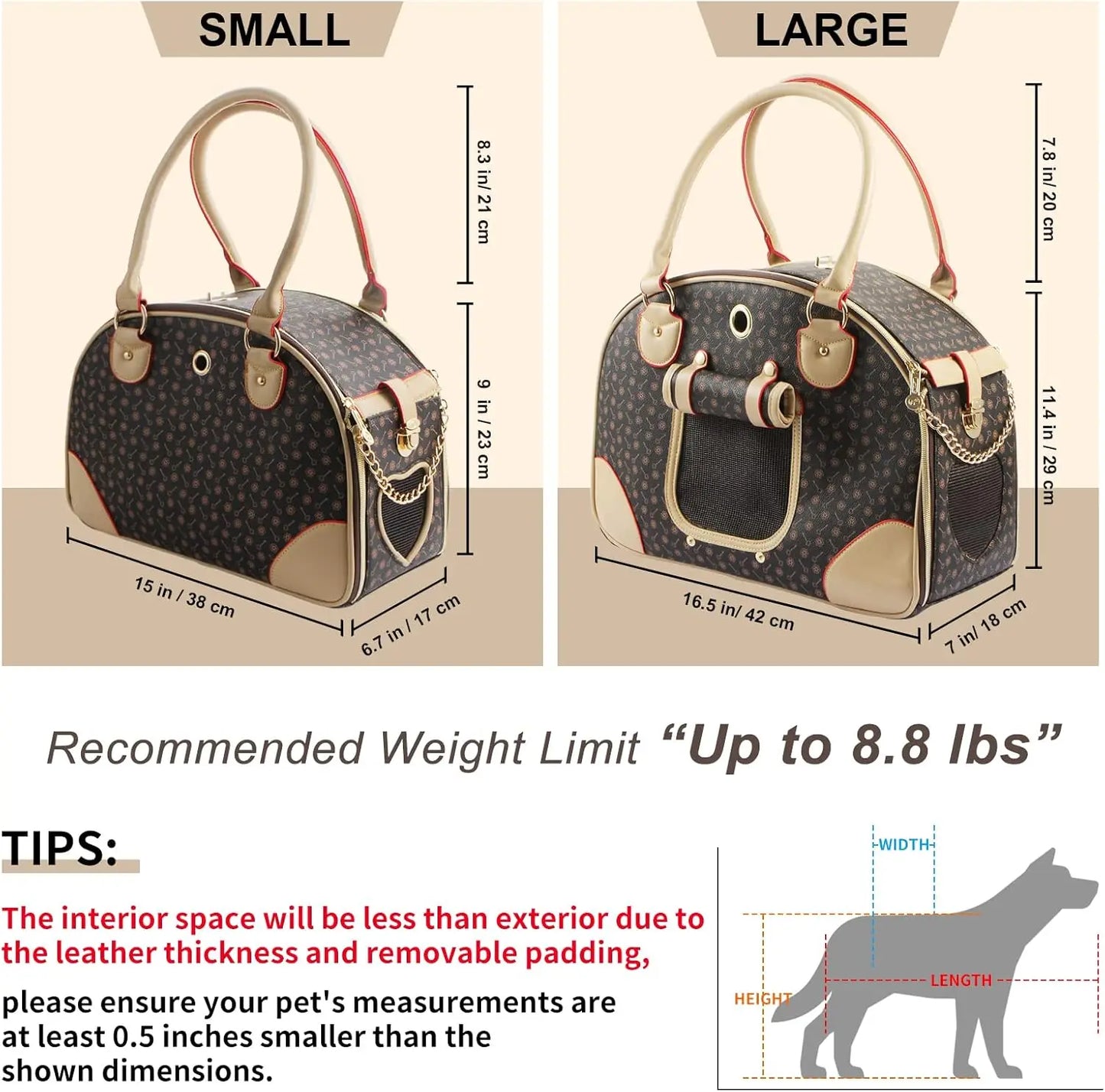 Fashion Dog Carrier PU Leather Handbag Pet Tote Hiking Bag Brown Small 38x23x17cm