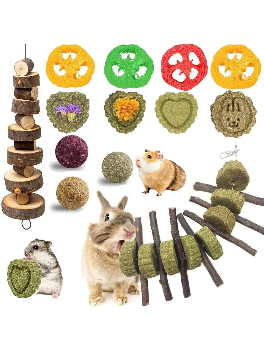 14Pcs Natural Chew Toys For Rabbits Guinea Pigs Hamsters Chinchillas Wood Timothy Grass Sticks