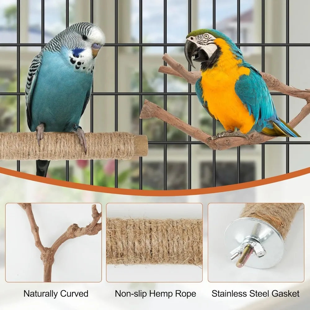 Natural Wood Bird Perch Set 5PCS Paw Grinding Fork Branch with Rope for Medium Birds Cage Accessories