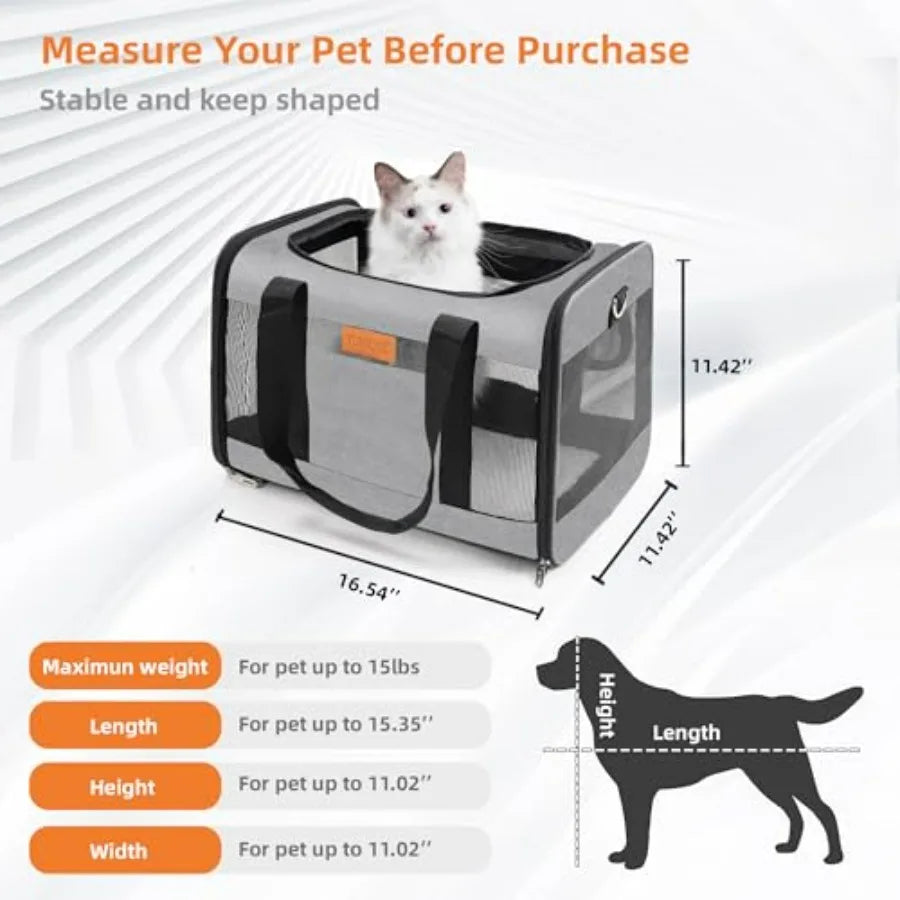 Soft-Sided Cat and Dog Carrier for Pets Up to 15 Lbs, Airline Approved Collapsible Travel Puppy Carrier with Lightweight Fabric