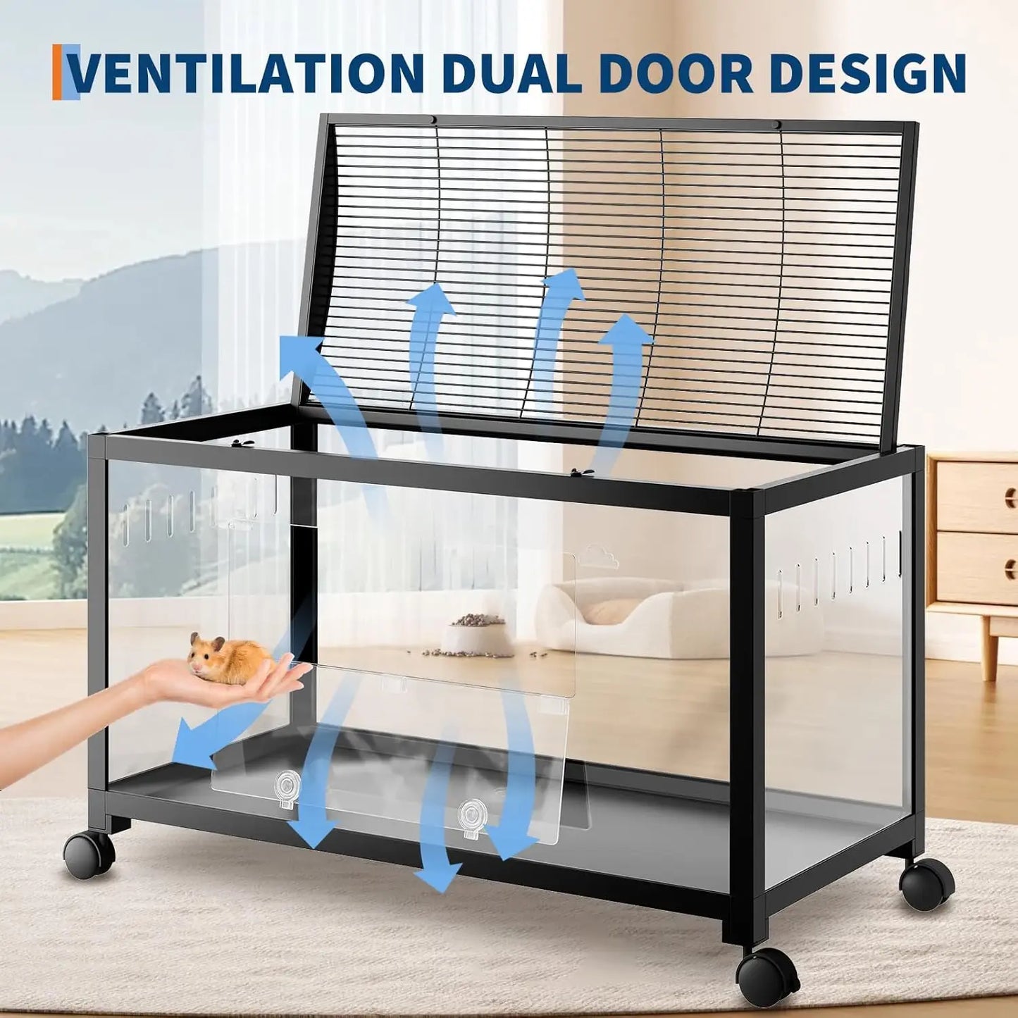 Chew-Proof Metal Hamster Cage - Stackable Small Animal Habitat with Acrylic Panels, Dual Doors, Lift Top, Wheels, Ventilated for Syrian & Dwarf Hamsters, Gerbils, Rats, Guinea Pigs