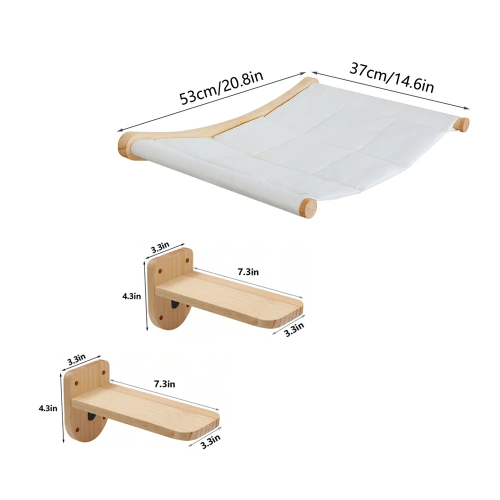 Wall Mounted Cat Hammock Set Multi Functional Climbing Shelves Perches Sisal Scratching Wooden Steps Ladder Large Cat Furniture Kit for Indoor Cats Sleeping Playing