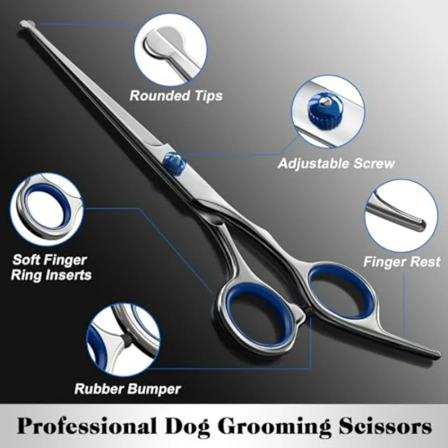 Professional 4 in 1 Dog and Cat Grooming Scissors Kit with Safety Round Tips, Sharp and Durable, Dog Shears for Grooming - Incl