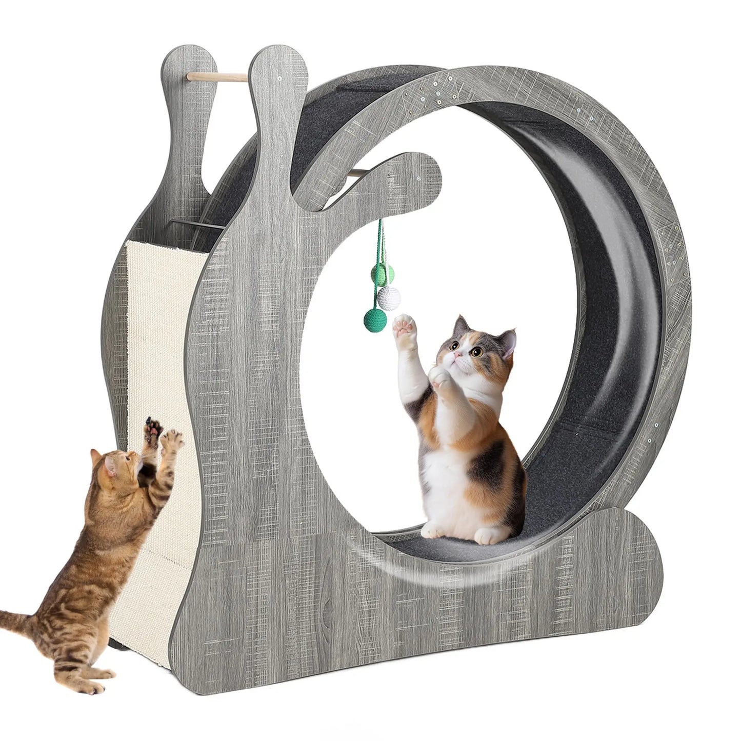 Large Wooden Cat Exercise Wheel, Silent TPE Treadmill for Indoor Cats with Sisal Scratching Pad, Interactive Hanging Balls, Anti