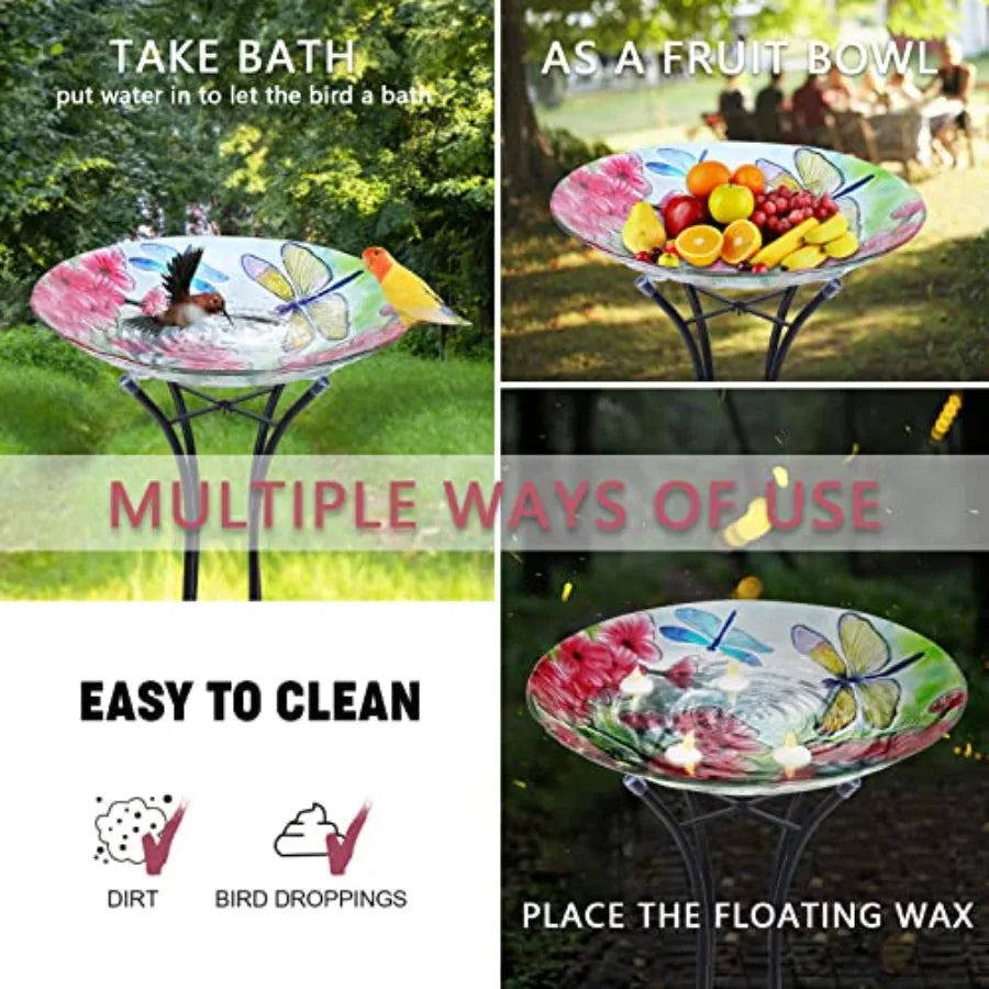 MUMTOP Bird Bath-Bird Baths for Outdoors - Dragonfly Large Bird Bath Bowl with Metal Stand, Glass BirdBaths for Garden Lawn Yar