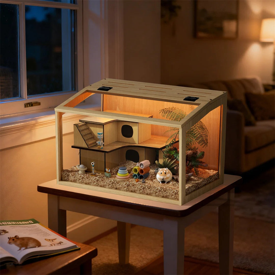 Large Natural Wooden Hamster Cage with Glass Panels, LED Light, Chew-Proof Indoor Habitat for Small Pets
