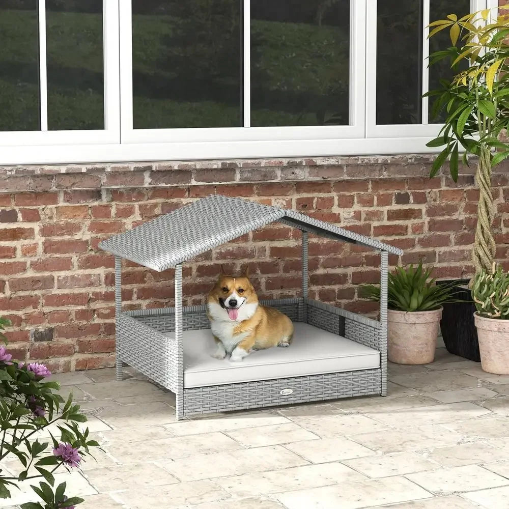 Outdoor Wicker Dog House with Rattan Bed and Waterproof Cushion for Small to Medium Dogs up to 66 lbs, 20 Length, Silver and Whi