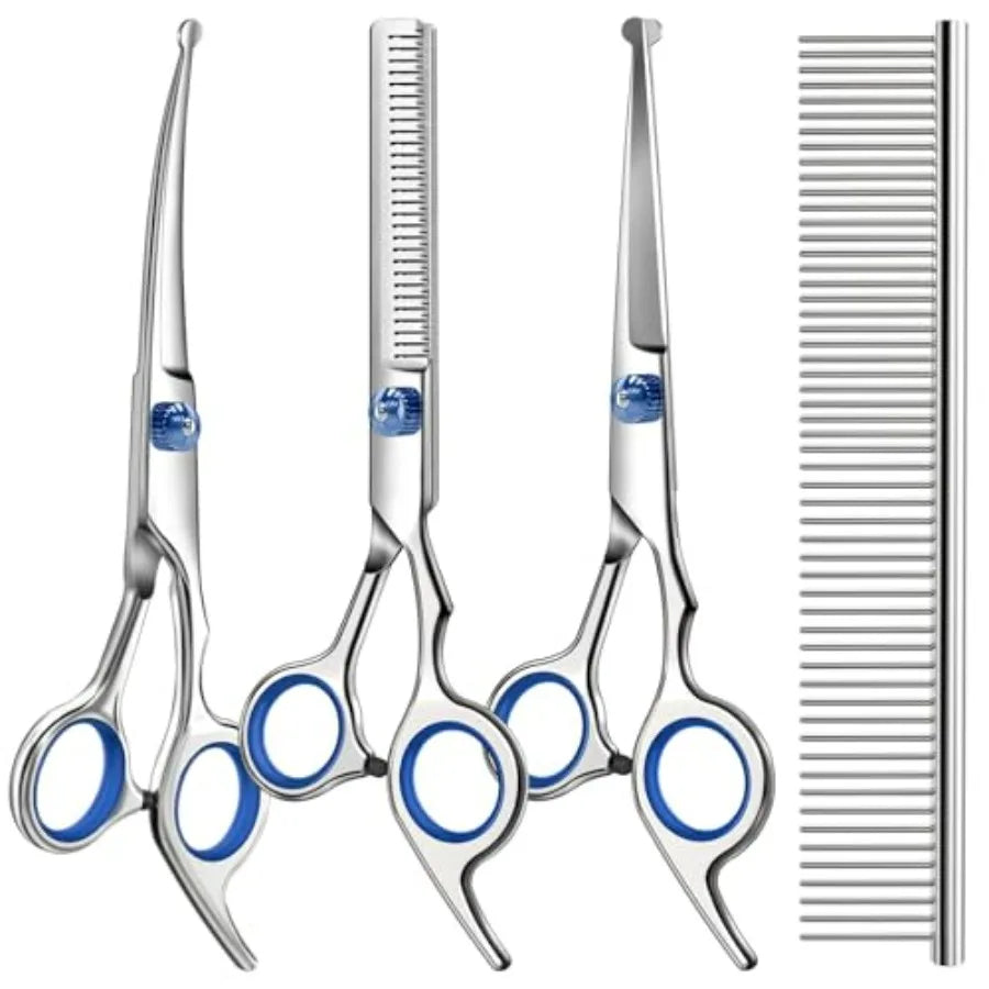 Professional 4 in 1 Dog and Cat Grooming Scissors Kit with Safety Round Tips, Sharp and Durable, Dog Shears for Grooming - Incl