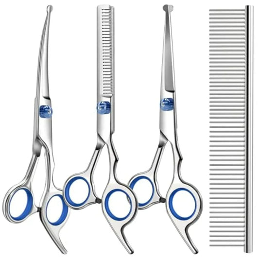 Professional 4 in 1 Dog and Cat Grooming Scissors Kit with Safety Round Tips, Sharp and Durable, Dog Shears for Grooming - Incl