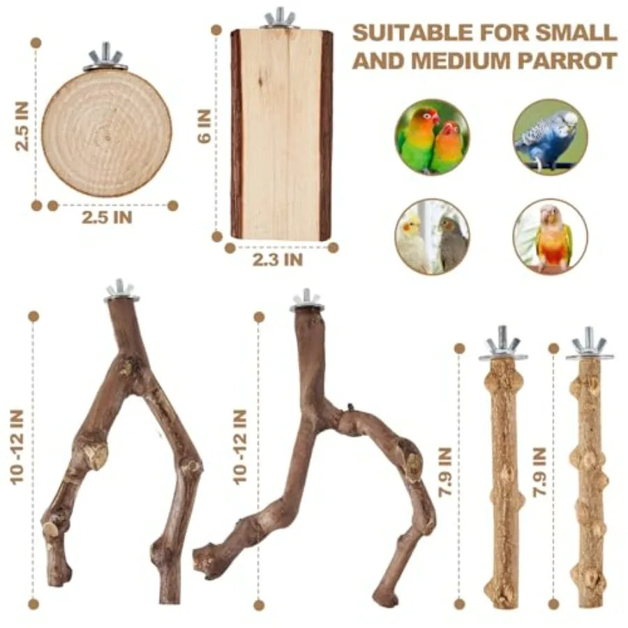6-Piece Bird Perch Set - Natural Wood Grape Sticks, Paw Grinding Forks, Bird Stand and Toys for Parakeets, Cockatiels, Conure,