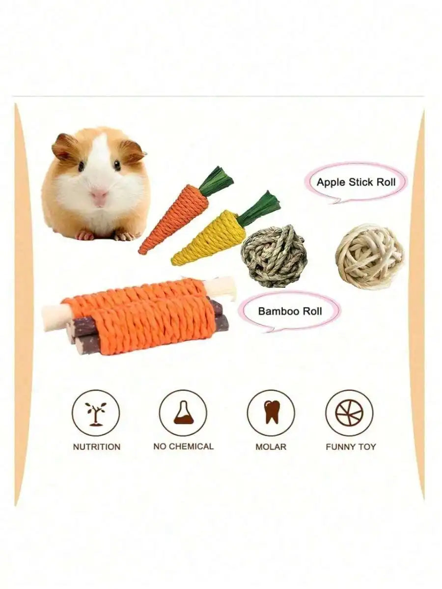 7-Piece Small Pet Teething Toy Set For Rabbits Hamsters Dental Care Chew Toys Wooden Loofah Grass Ball