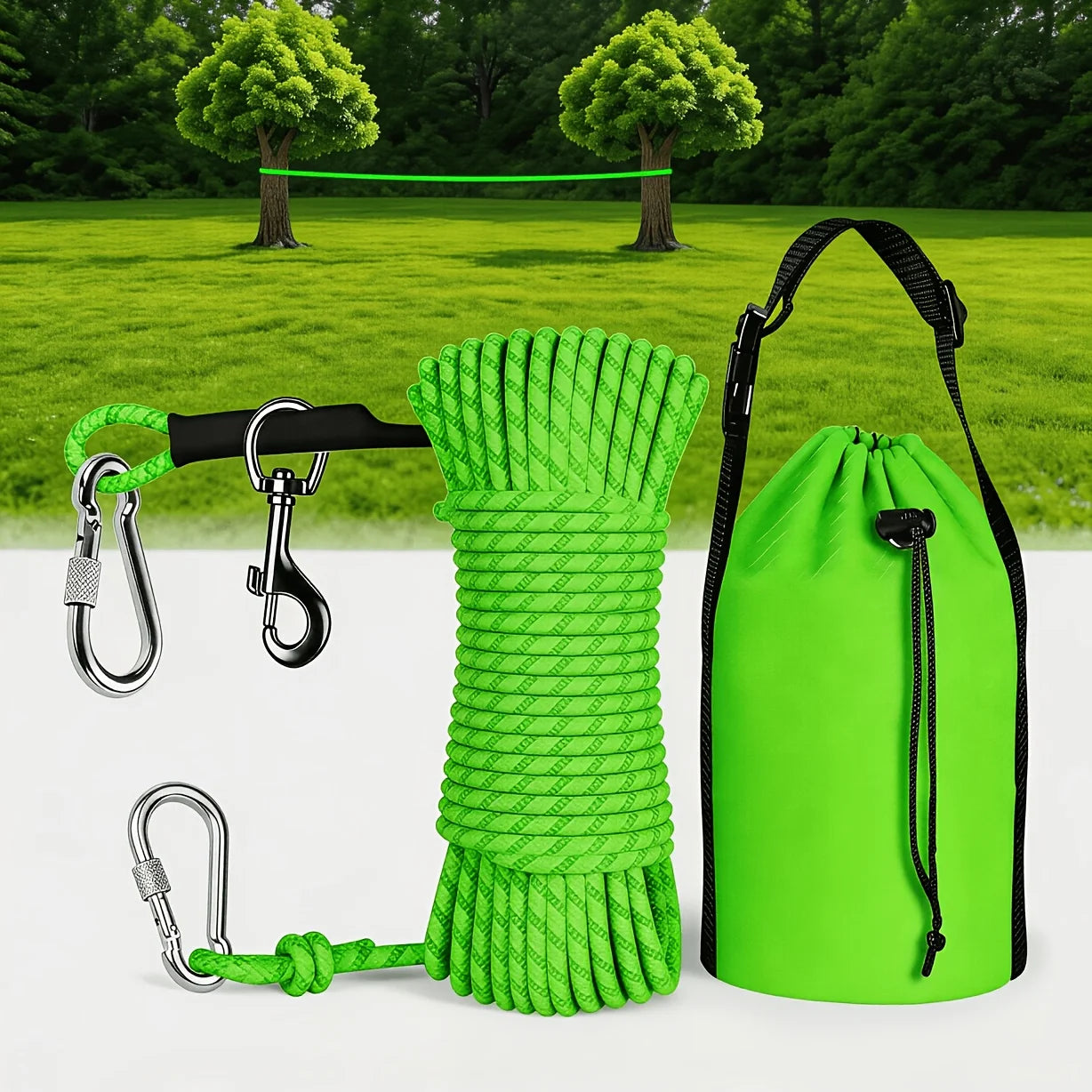 Dog Tie-out Cable for Camping, 50/75/100ft Portable Overhead Trolley System W/ Reflective Design, up to 200lbs, Dog Lead for Yard, Camping, Parks, Orange/Green/Blue