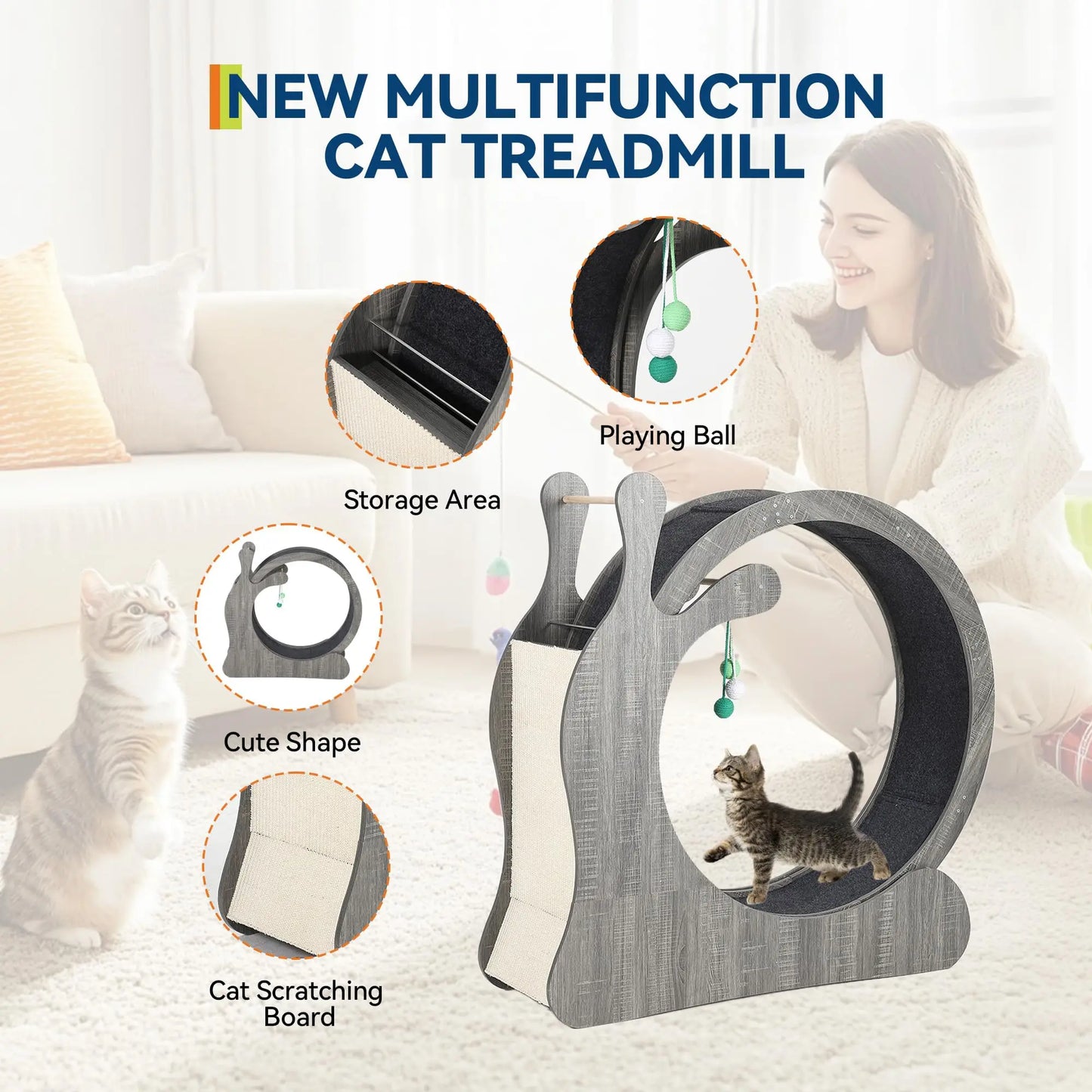 Large Wooden Cat Exercise Wheel, Silent TPE Treadmill for Indoor Cats with Sisal Scratching Pad, Interactive Hanging Balls, Anti