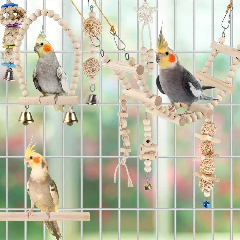 Bird Parrot Swing Toys, Chewing Standing Hanging Perch Hammock Climbing Ladder for Budgerigar, Parakeet, Conure, Cockatiel, Mynah, Love Birds, Finches, Small to Medium Birds