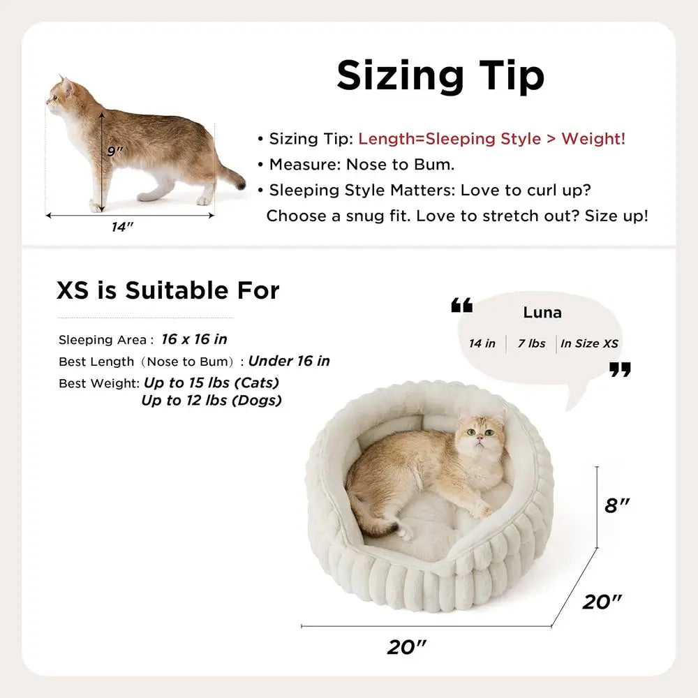 Washable Round Cute Pet Beds Indoor Cats, Super Soft Corduroy Kitten Bed with Anti-Slip Bottom, 20''x20''x8'', Cream