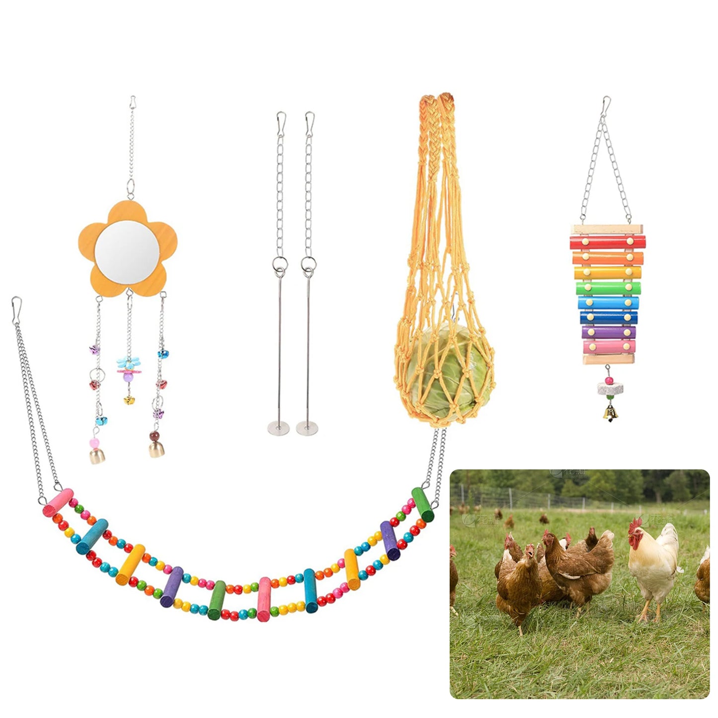 7PCS Chewing Foraging Toy with Wooden Hanging Feeder Chicken Toy Set Chewing Training Toy Chicken Toy Set Rooster Hen Chick Toys