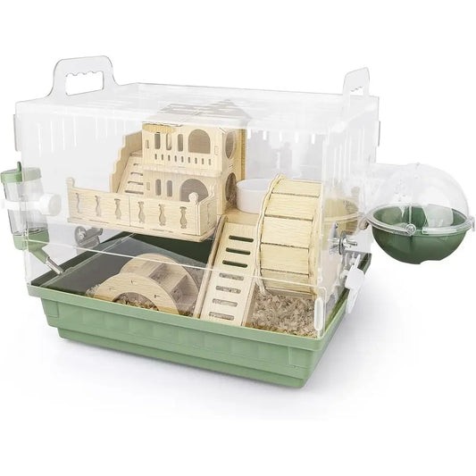 2-Tier Acrylic Hamster Habitat with Wooden Wheel & Hideout, Green Small Pet Mice House, 14L x 10W x 11H