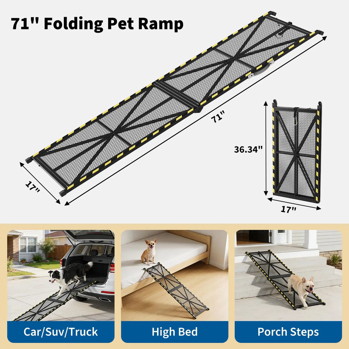 71in x 17in/20in Folding Dog Ramp For SUV Pickup Truck RV, Heavy Duty Steel Pet Ramp 300lb, Non-Slip Car Ramp For Large Dogs