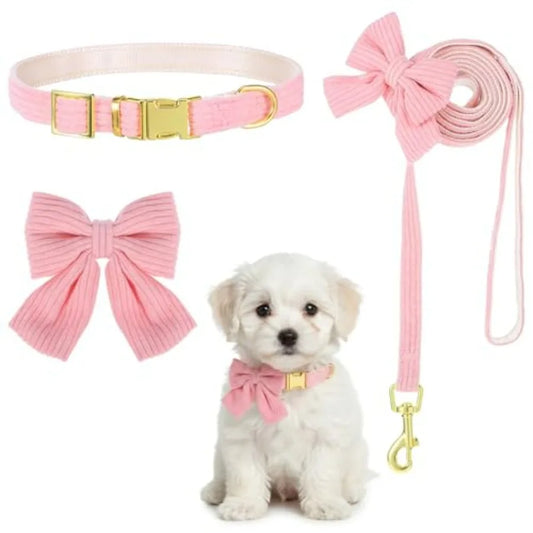 Dog Collar And Leash Set With Bowtie Adjustable Small Dogs