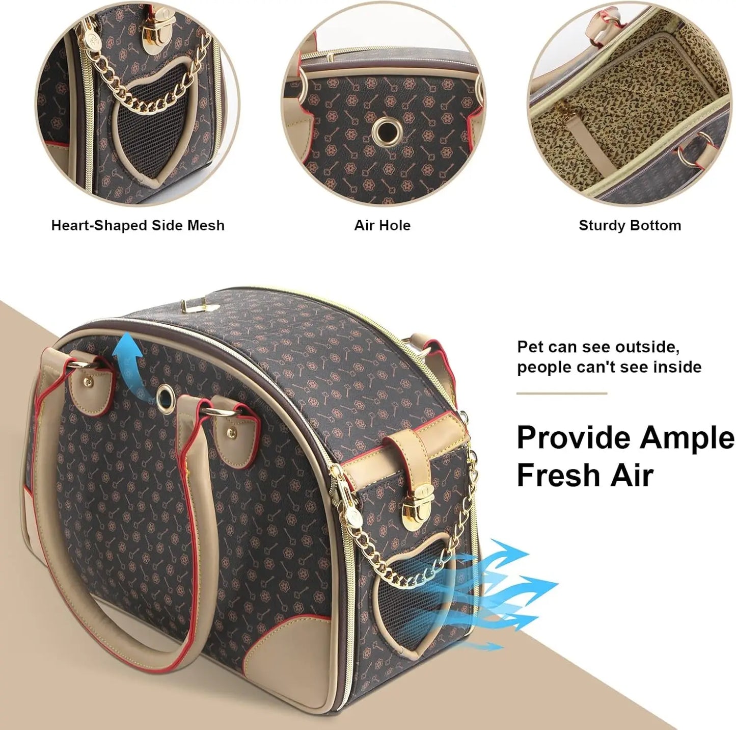 Fashion Dog Carrier PU Leather Handbag Pet Tote Hiking Bag Brown Small 38x23x17cm