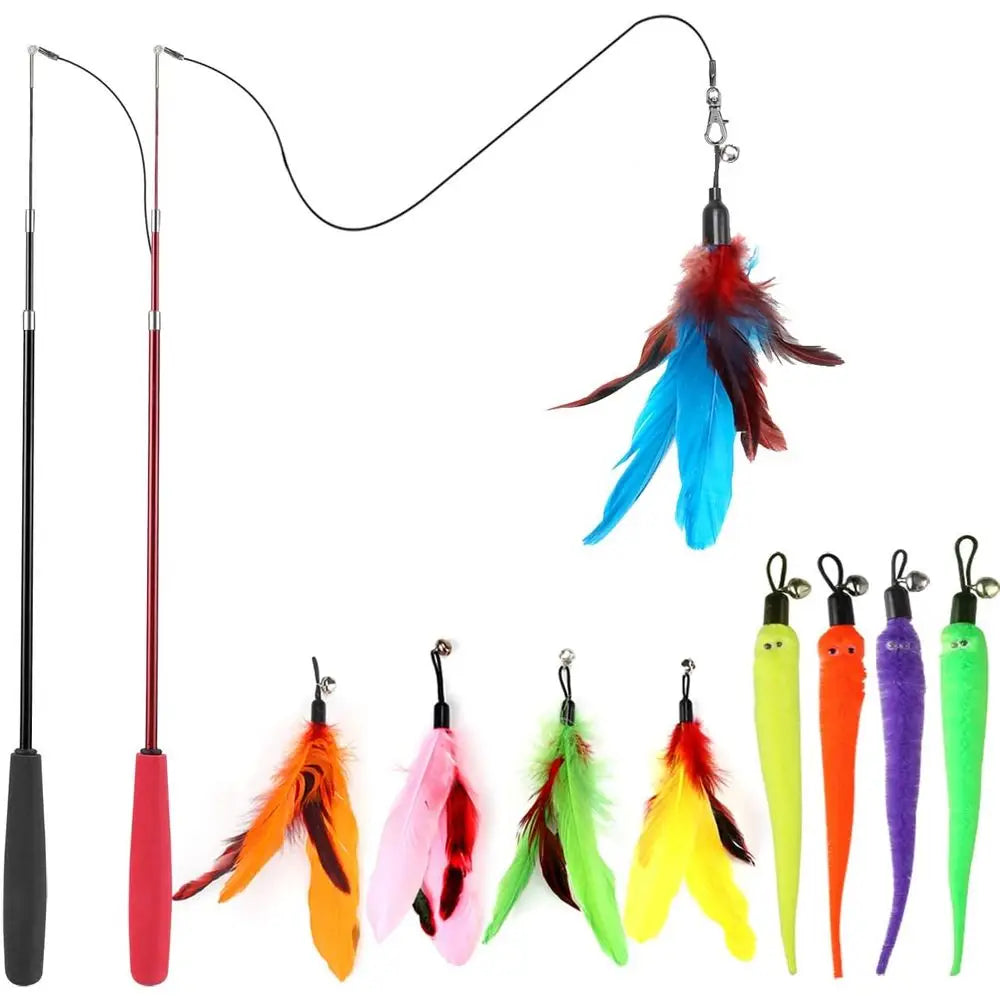 Cat Toys Indoor Cats, Interactive Retractable Wand Toy and 9PCS Cat Feather Toys, Kitten Toys Cat Fishing Pole Toy or Bored Indo