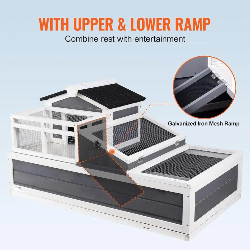 3-Room Tortoise House, Habitat with Balcony & 2 Stories, Wooden Enclosure Indoor & Outdoor, Tray, Openable Roof, Large Reptile C
