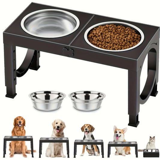 Elevated Dog Bowls Foldable, Raised Feeder Bowls Stand Set with 2 Stainless Steel Bowls.Portable Adjusts to 5 Heights, Dog Food Water Bowls for Large Medium Small Dogs And Cats. Non-Slip Black Pet Dish Station, Easy to Clean