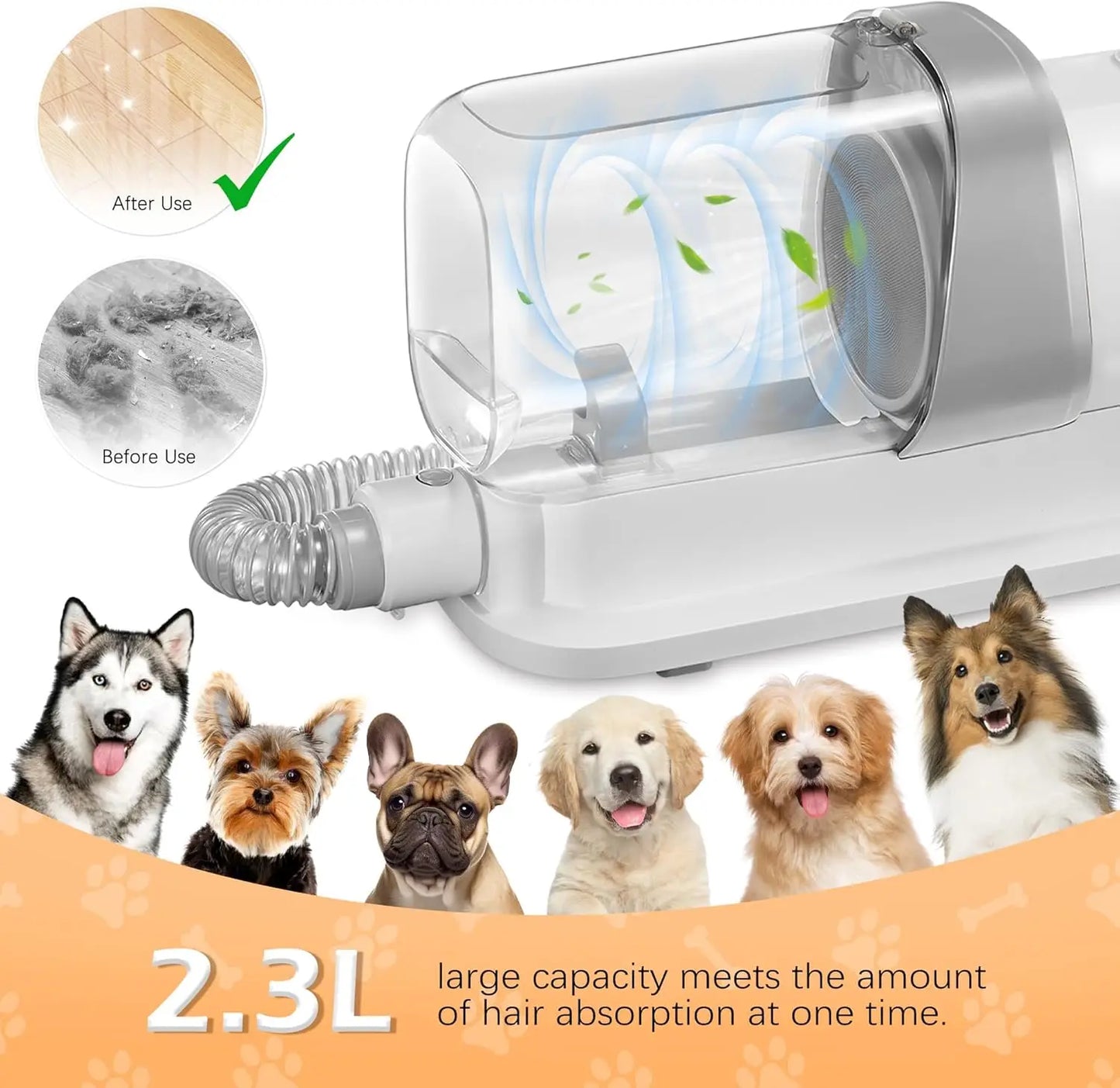 Pet Grooming Vacuum Kit with 2.3L Dust Cup, Low Noise, 5 Tools for Dog Cat Hair Shedding