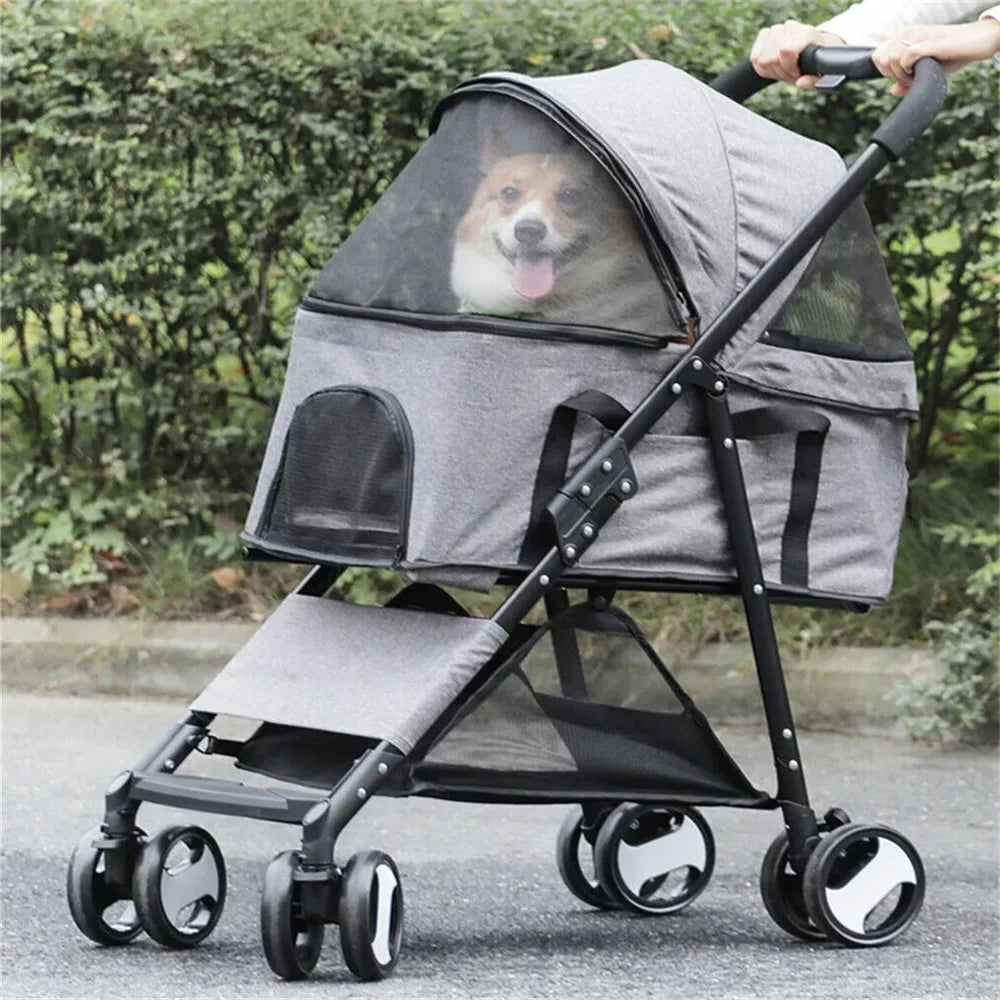 Foldable Pet Stroller With 4 Wheels And Rain Cover