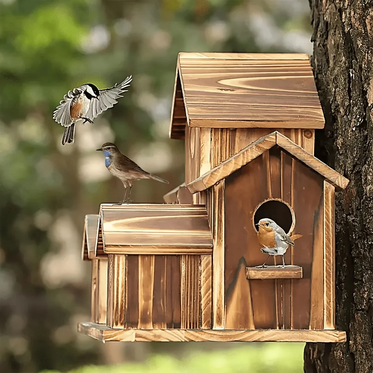 Single Outdoor Birdhouse Designed for Feeding Birds in Countryside Settings, Featuring a Compact House Style Suitable for Bluebirds And Sparrows. Made from Natural Wood, This Hanging Nest Box Is Perfect for Hummingbirds And R