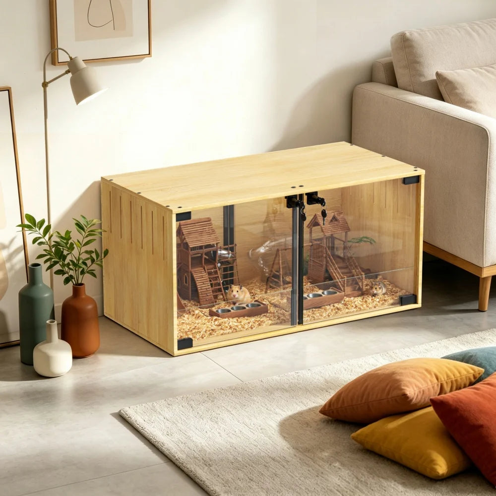 Wooden Hamster Cage With Dual Doors And Divider