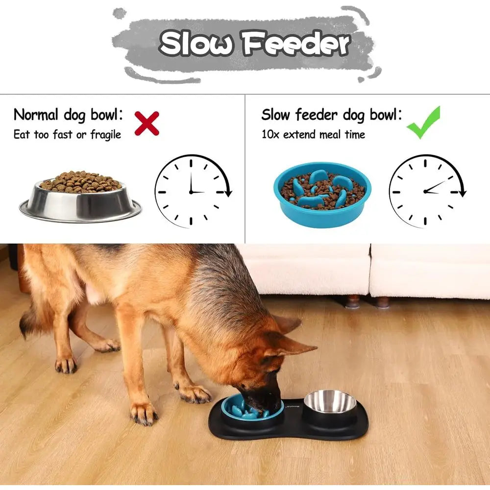 3 in 1 Slow Feeder Dog Bowls & Stainless Steel Water Bowl with Non-Spill Silicone Mat, Cat and Puppy Bowls Pet Dishes for Small