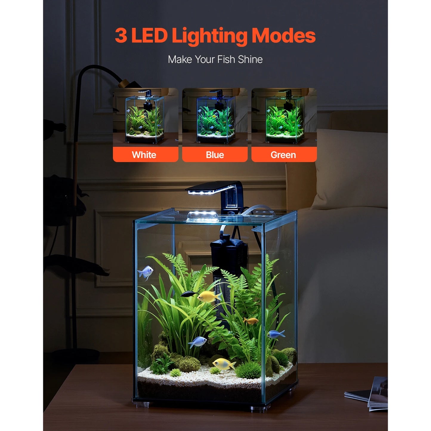SucceBuy Fish Tank Aquarium 5Gal Square Ultra-Clear Glass Starter Tank Adjustable 3 Color Lighting Self Cleaning System for Home